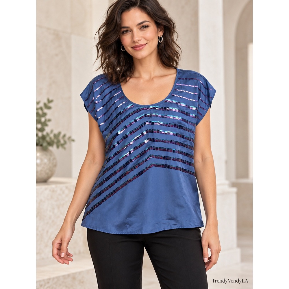 Jamison Blue 100% Silk Sequin Chevron Short Sleeve Top Size M